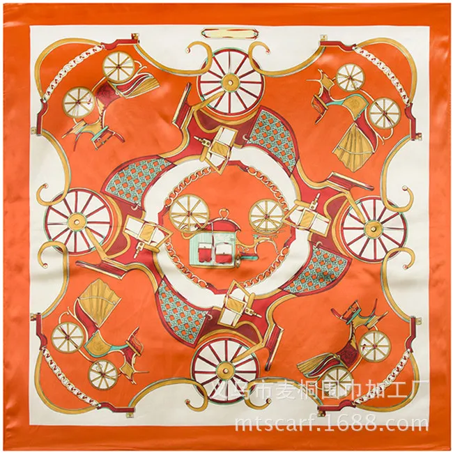 Classic Orange Carriage Pattern, Imitation Silk Satin Satin Women's Spring Silk Scarf