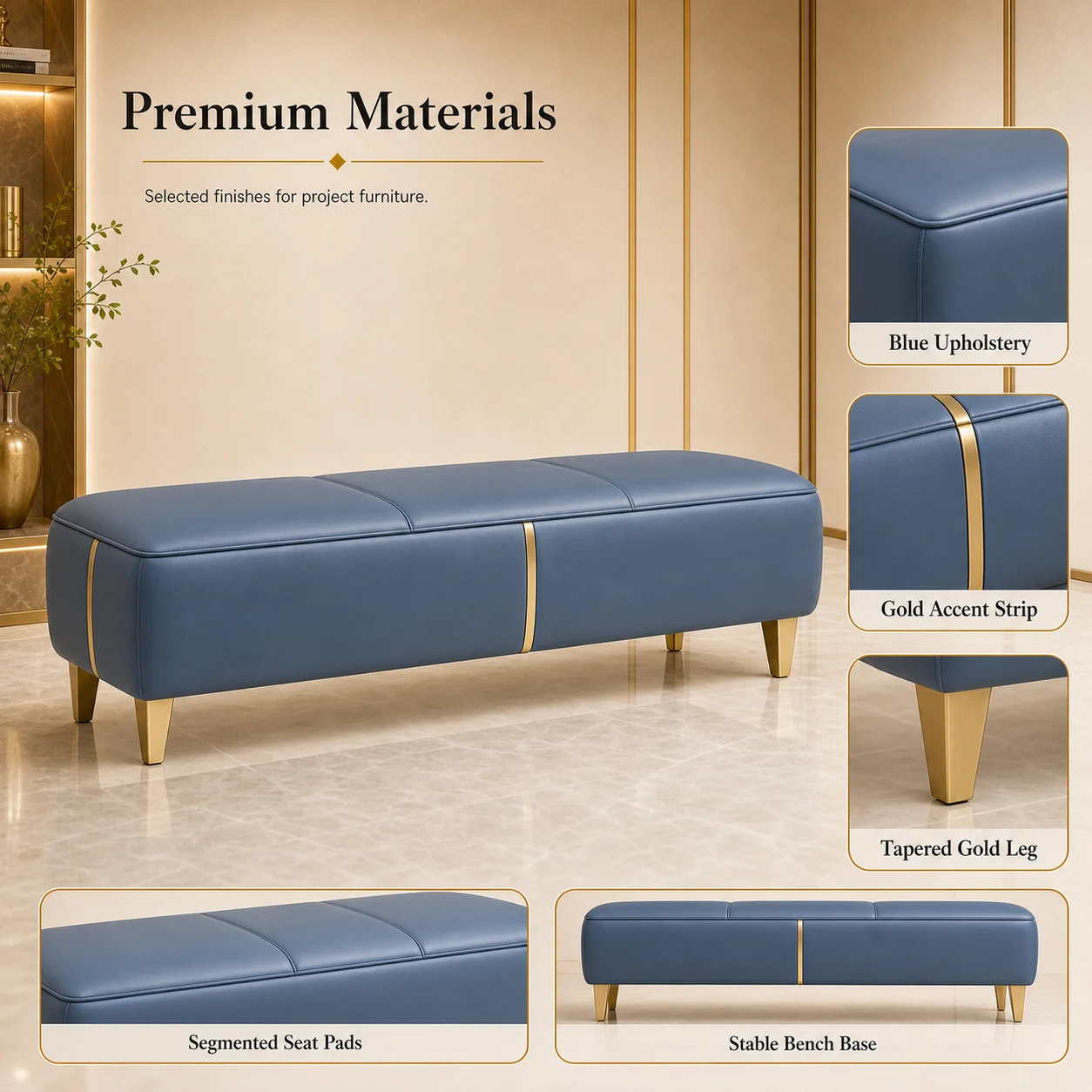 Luxury modern tufted upholstered wooden stool with gold metal frame for bedrooms, hotels, villas