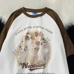 2023 Vintage Brown Raglan Sleeve Oversized T Shirts Cute Cats Printed Cotton Material Summer Tops Y2K Harajuku Korean Streetwear