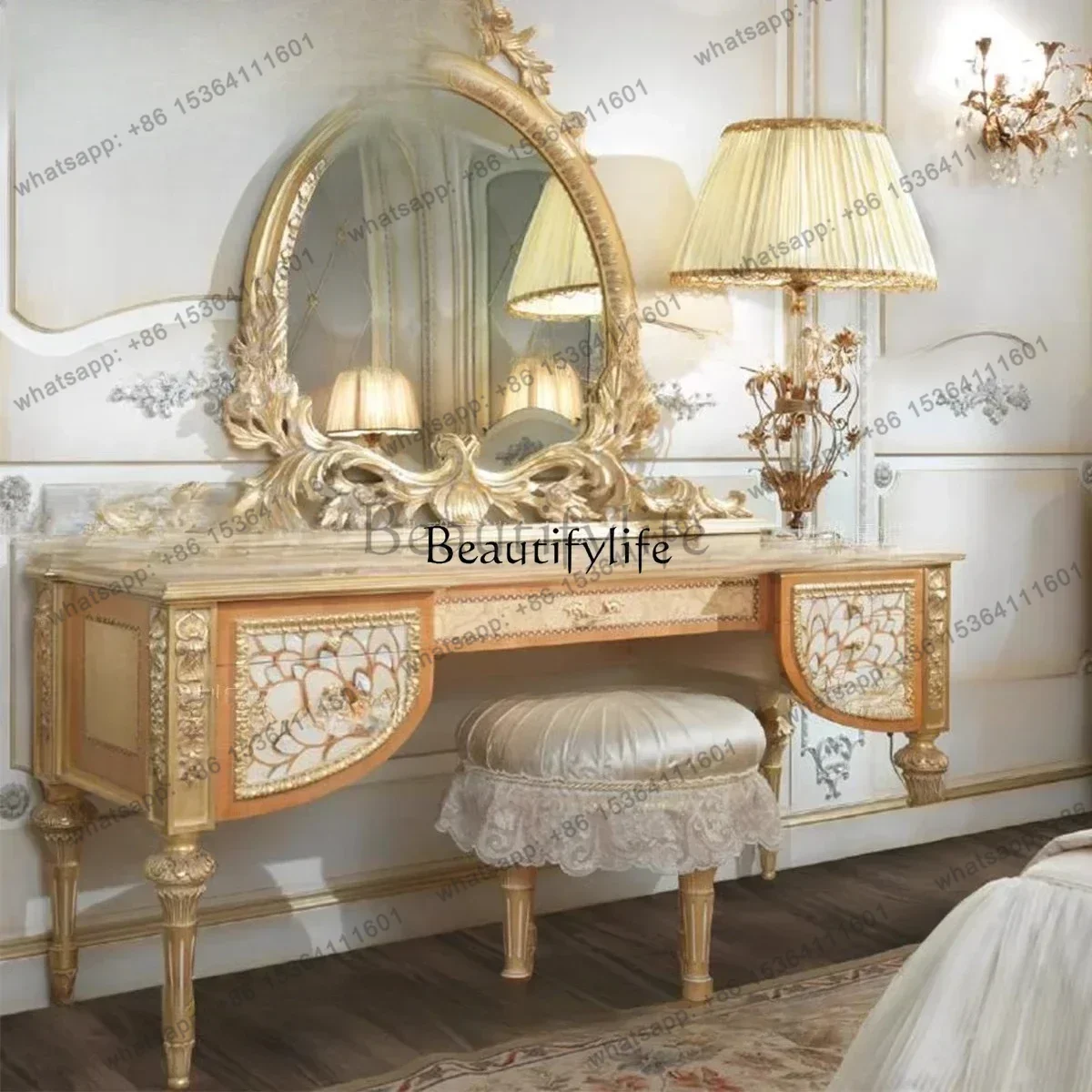 Factory Direct European solid wood carving flower dressing table luxury shell parquet makeup table
