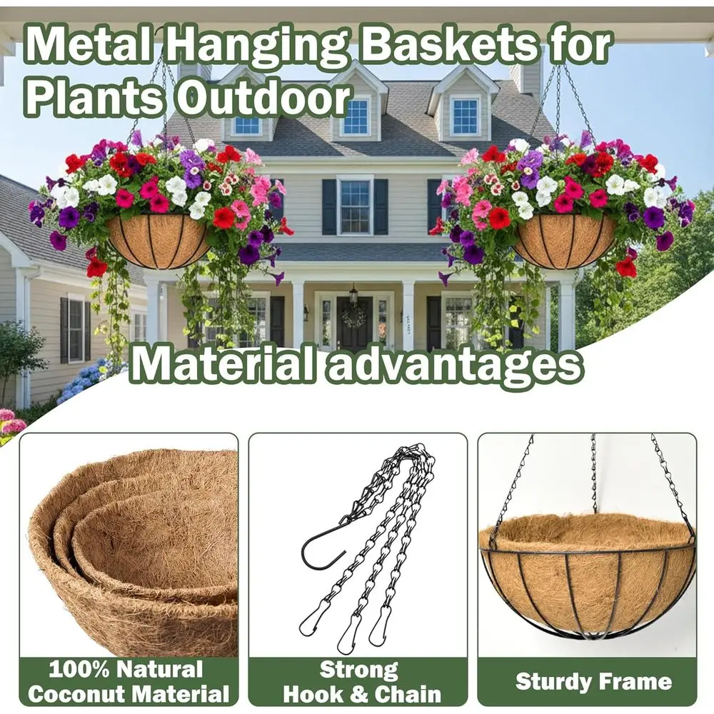 Set of 4 12 Outdoor Metal Hanging Planters with Coconut Liner for Garden & Patio