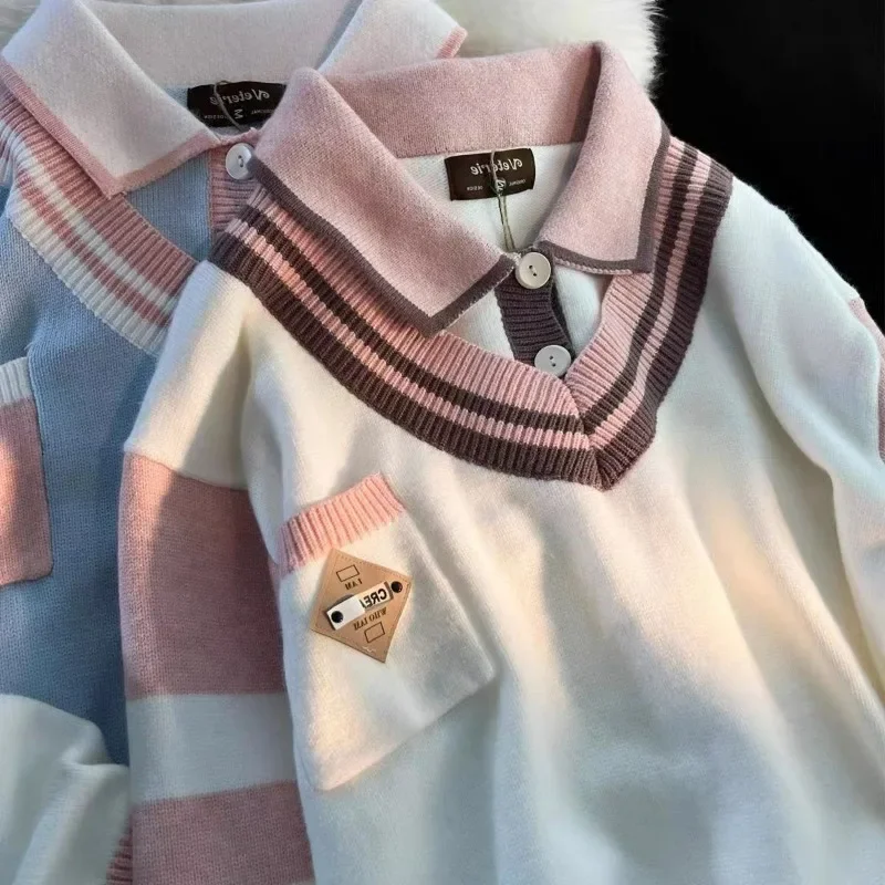 Autunno Inverno Donna Stile Preppy Patchwork Falso Due Maglioni Lavorati a Maglia Y2K Femminile Dolce Kawaii Chic Allentato Manica Lunga Pullover Top