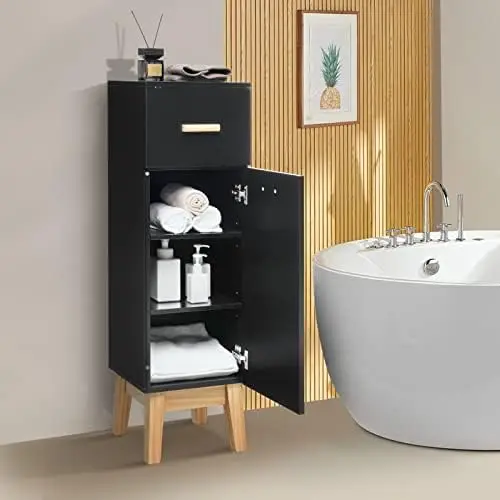 

Narrow Bathroom Cabinet, Freestanding Side Organizer with Adjustable Shelves, Drawer and Pine Wood Legs, Small Bathroom Cabine