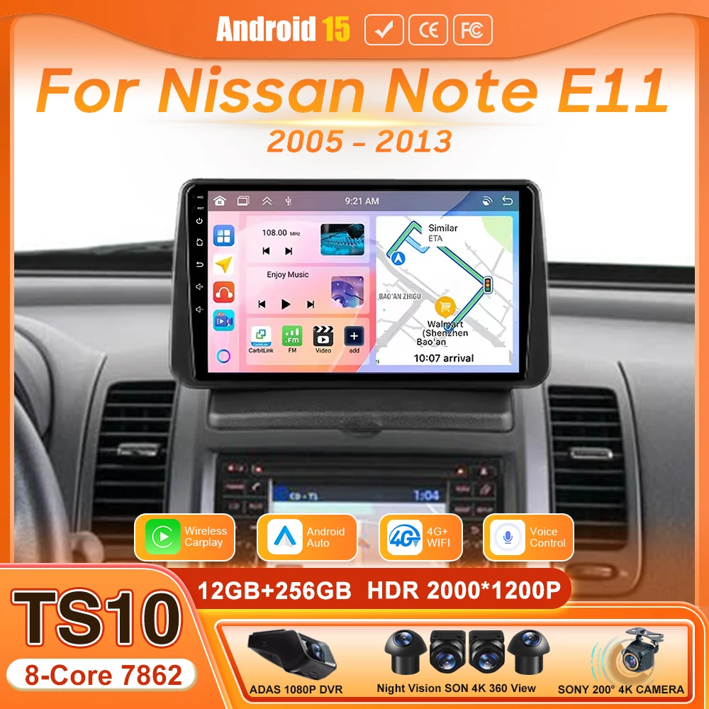 Android 15 Wireless Carplay Radio Auto Car Multimedia Video Stereo Head Unit GPS Navigation For Nissan Note E11 2005 - 2013 DSP