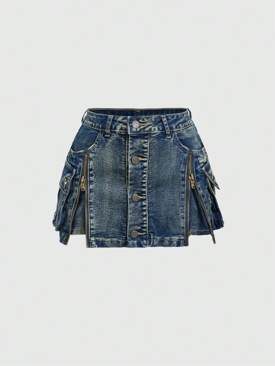 ダメージ加工ジッパー付きカーゴミニデニムスカート（ボタンフロント）