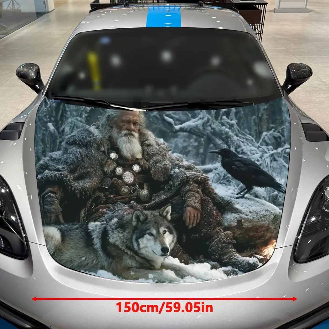 Mysterious Odin And The Wolf Car Hood Wrapped In Colorful Vinyl Stickers, Suitable For Trucks, Decorative Hood Graphics, And Aut