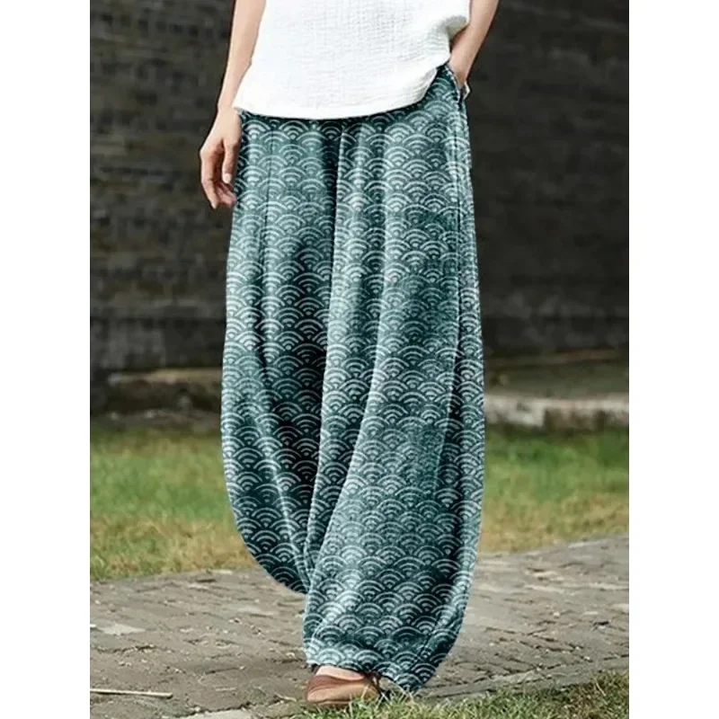 Japanese Waves Inspired Pattern Linen Blend Casual Pants Harajuku Lantern Trousers Women's Boho Wide Leg Pants Punk Streetwear