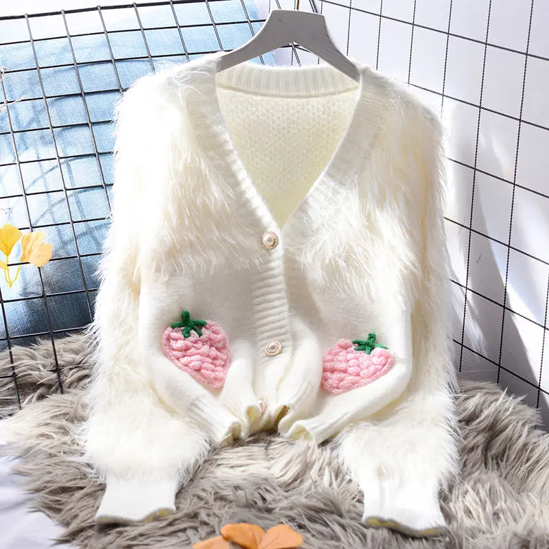 

2023 Women Autumn Winter New V-neck Short Sweater Coats Female Imitation Mink Velvet Jackets Ladies Loose Knit Cardigan S568