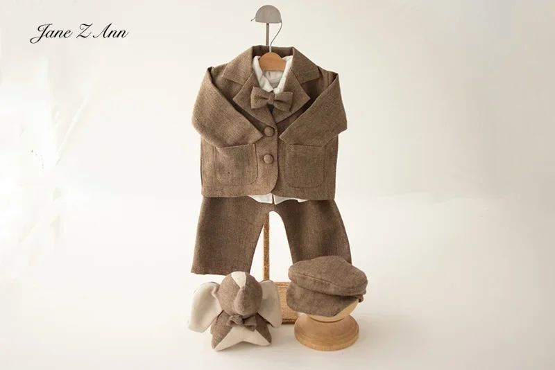 Brytyjski stylowy kombinezon koszula z muszką czapka lalka klasyczna tekstura wzór newborn photography studio zestaw ubrań