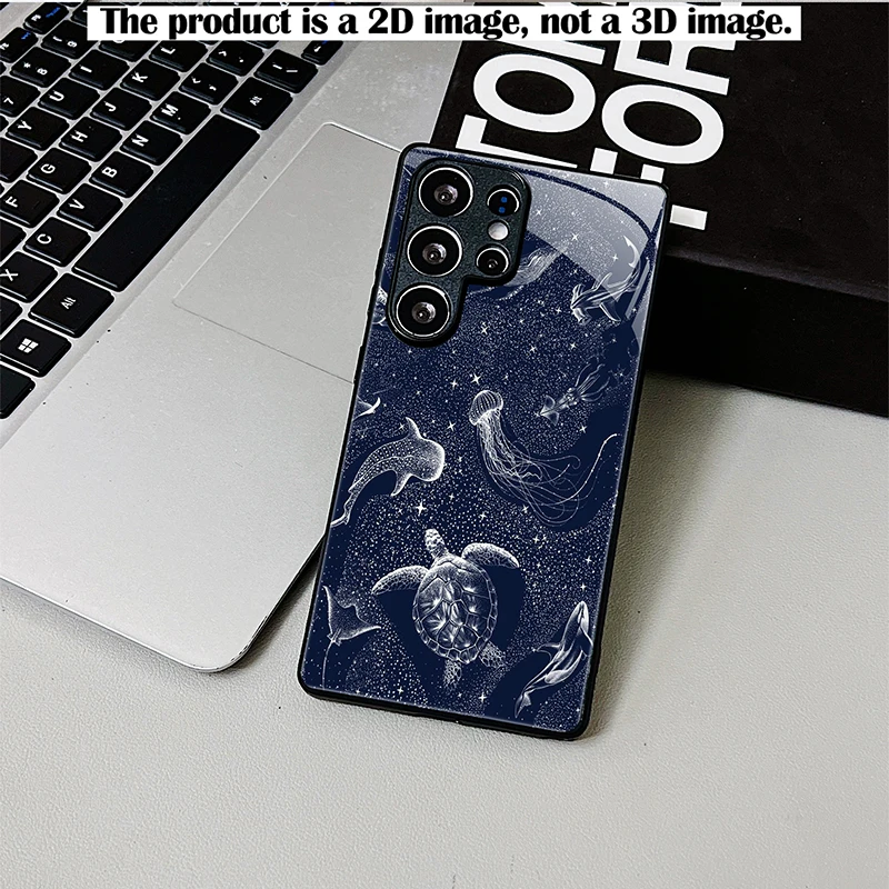 Dark Blue Starry Sky Turtle Whale Phone Case,2D Print Black Glass Cover For Samsung S & A Series,Shockproof Protective Shell