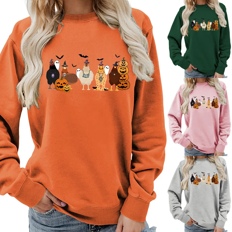 

Women's Halloween Rooster Pumpkin Head Printed Round Neck Top Sweatshirt Casual Loose T-shirt Long Sleeves