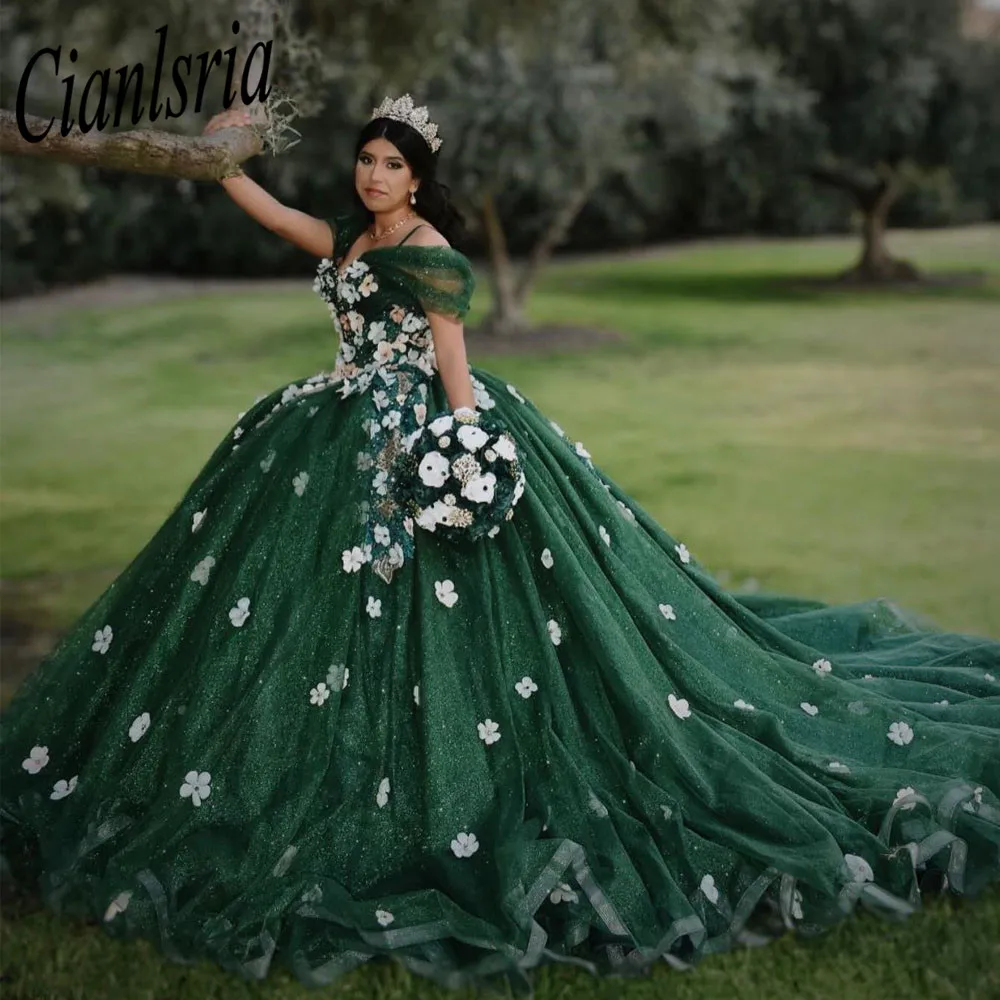 فساتين Quinceanera خضراء داكنة حلوة 16 فساتين حفلة فساتين عيد ميلاد الأميرة الدانتيل حتى vestidos de bal