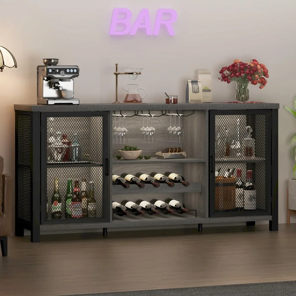 Coffee Bar Cabinet, Sideboard Buffet Cabinet for Liquor and Glasses, Rustic Wine Bar Cabinet with Storage Rack