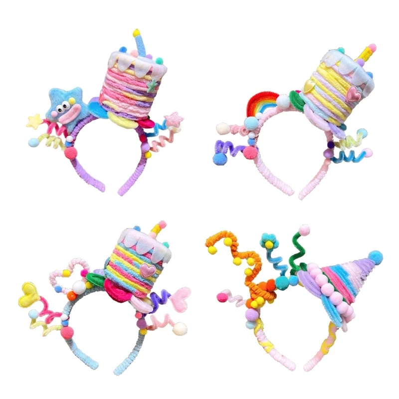 Colorful Twisted Birthday Cake Headband with Star Headpieces Soft Fabric Hair Accessory for Parties