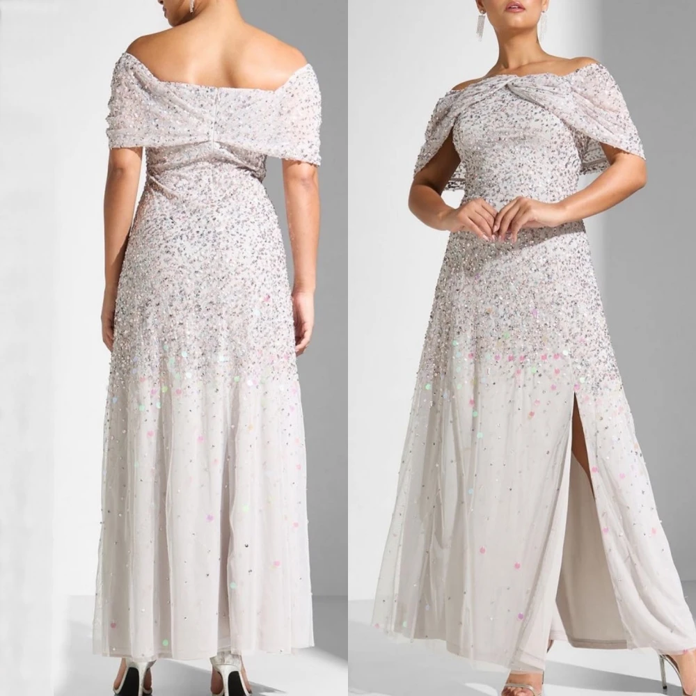 Mesprit Sparkle Intricate Off-the-shoulder A-line Beading Paillette / Sequins Organza Evening Dresses