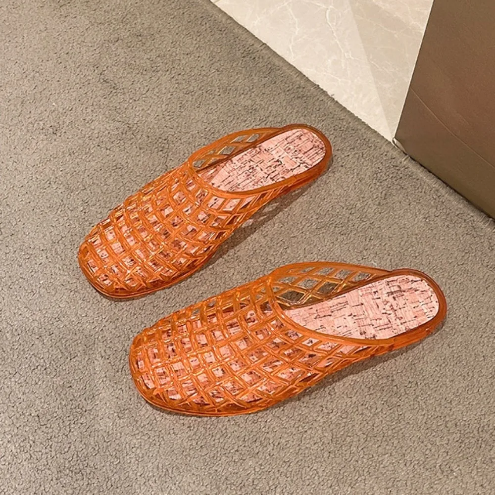 Round Toe PVC Crystal Slippers Soft Transparent Fishing Net Jelly Sandals Flat Low Bottom Non-Slip DIY Shoes Charms Shoes view 4