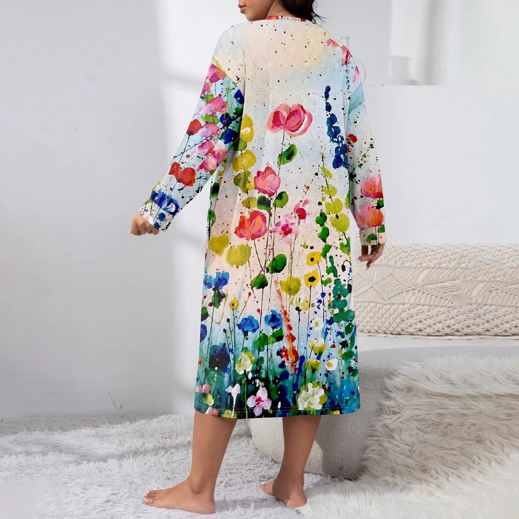 Women's Autumn 3D Fashion Printed V-neck Casual Long sleeved Dress