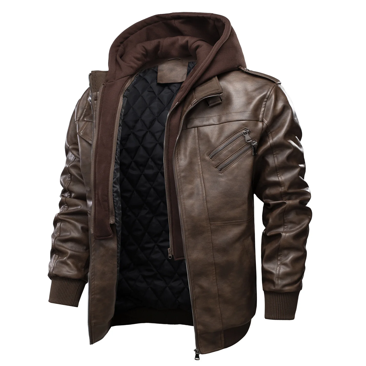 Fashion Winter Men's PU Leather Hooded Jackets Slim Fit Motorcycle Outwear Coats Male Bomber Outdoor Thicken Warm Jacket US Size