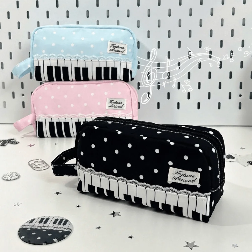 Lace Piano Pencil Case With Handle Large Capacity Polka Dot Pencil Pouch Multi Function Makeup Bag Pen Bag Desktop Storage