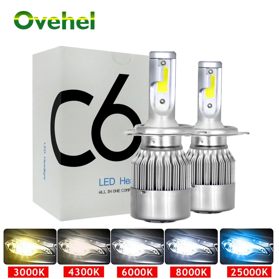 OVEHEL bombillas de faros Led C6 LED H7 H4 LED 3000K 6000K 8000K H1 HB3 9005 9006 HB4 H3 luz LED para coche H11 Led 12V 24V 8000LM 72W