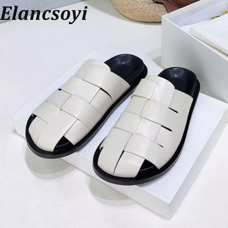 slippers 2026 new summer women's genuine leather comfortable woven lazy slippers lightweight outdoor vacation casual flat shoes