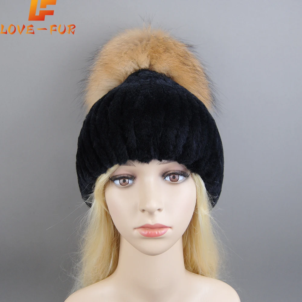 

New Winter Warm Real Rex Rabbit Fur Hats Beanies 100% Natural Fur Caps Fashion Knitted Genuine Fur Hat With Raccoon Fur Ball