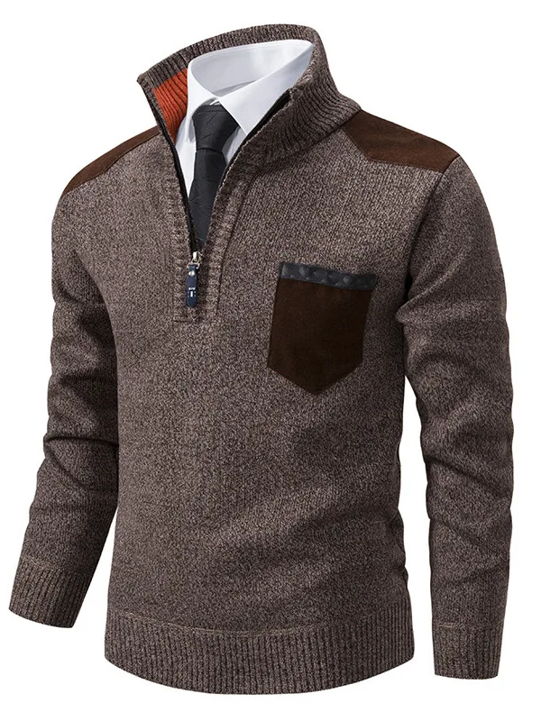 

Мужской повседневный вязаный свитер с воротником-стойкой, осенне-зимняя новинка, длинный рукав, смесь полиэстера, пять карманов