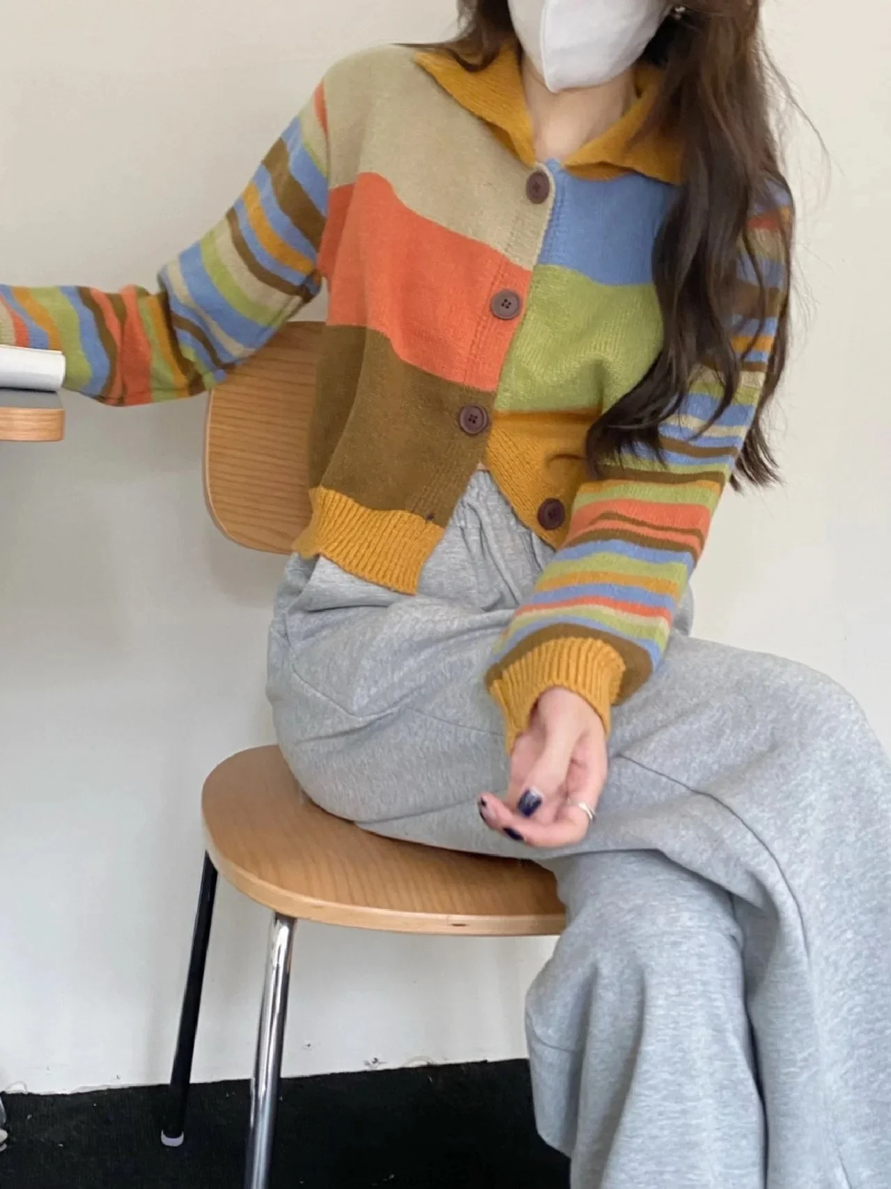 

Korean Sle Rainbow Color Blo ort Knitted Open Cardigan round Ne Slim Fit Outerwear Dopane Korean Faion Women's K...