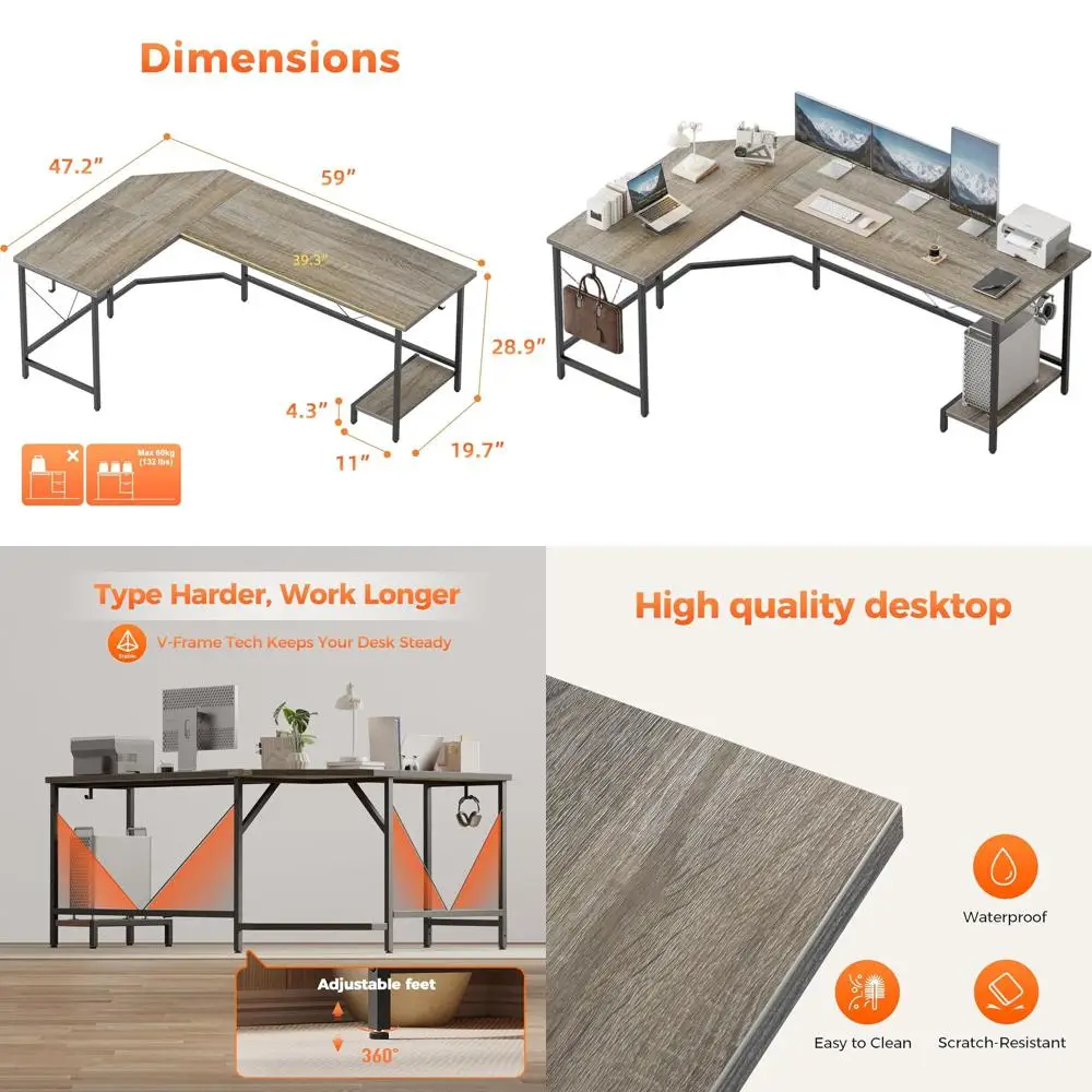 

59 Серый игровой стол L-образной формы с подставкой для процессора и крючками, идеально подходящий для дома, спальни и офиса