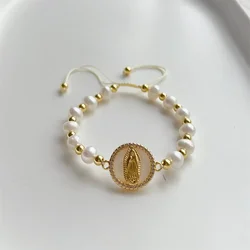 KKBEAD Virgin Mary Guadalupe Bracelet Christian Pulseras Jewelry Gifts Friends Natural Freshwater Pearl Bracelet for Women