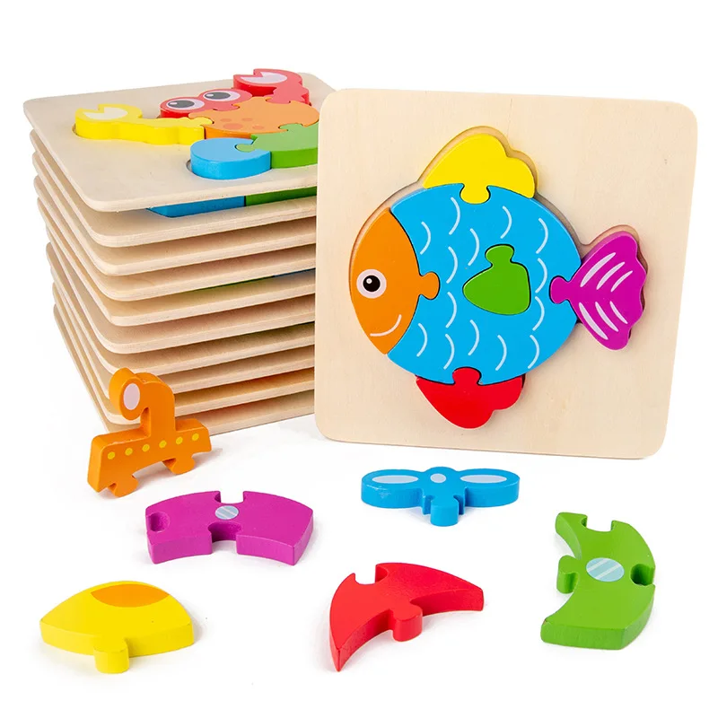 Montessori Wooden Puzzle Baby Cartoon 3D Animal Traffic Jigsaw Early Learning Cognition Game Puzzle Toy Children Educational Toy