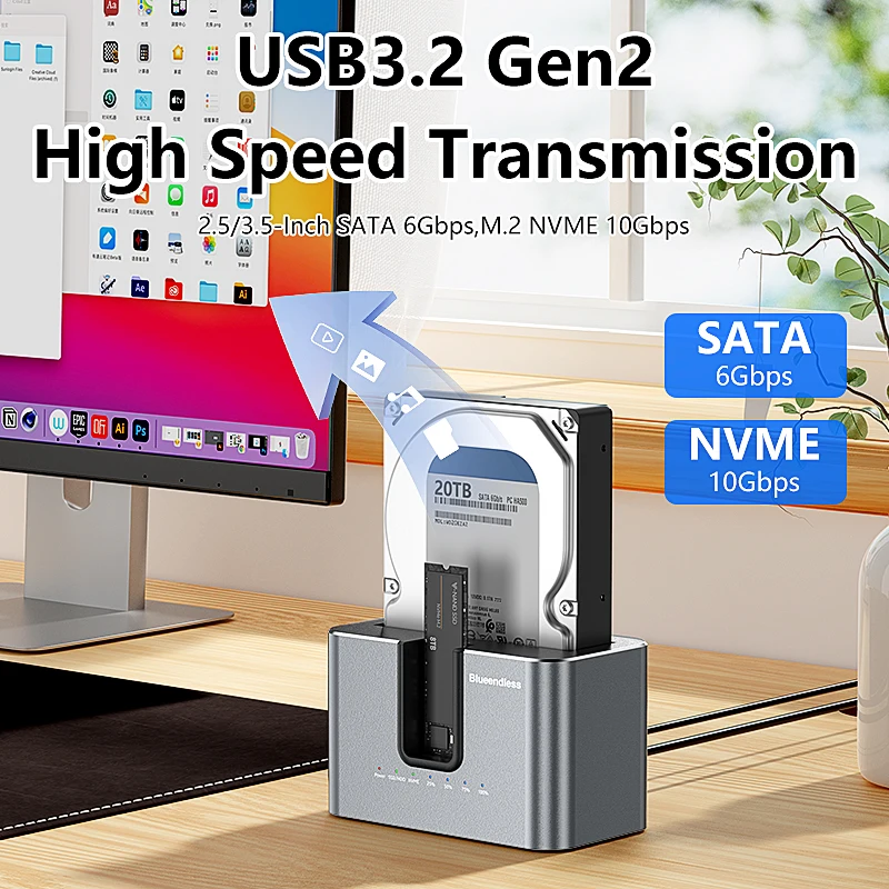 Dual-bay HDD SSD Docking Station 10Gbps M.2 NVMe Enclosure SATA to USB 3.0 Adapter 2.5/3.5