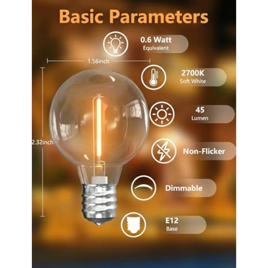 Replacement Light, 25 Pack E12 Screw Base Clear Globe Bulbs for Outdoor String Lights, 0.6W Shatterproof Dimmable Light Bulbs f view 3
