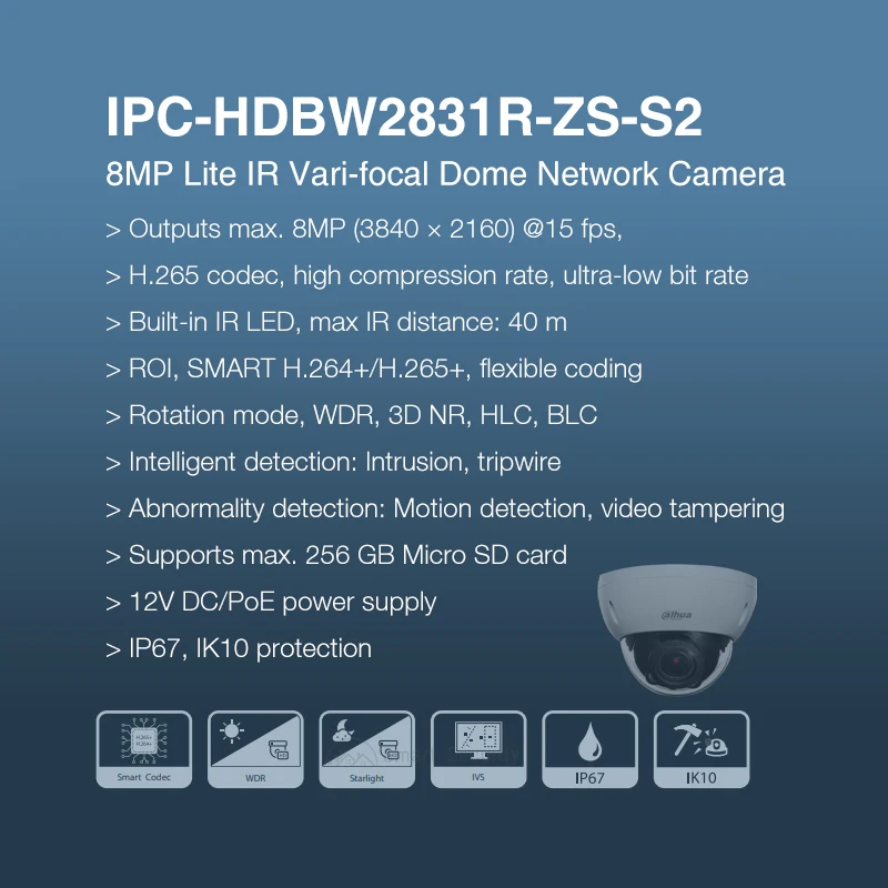 Dahua-屋外ドーム監視カメラ,動き検出付き,焦点距離IPC-HDBW2831R-ZS-S2, 4k,8mp,2.7mm〜13.5mm,ip67およびik10保護