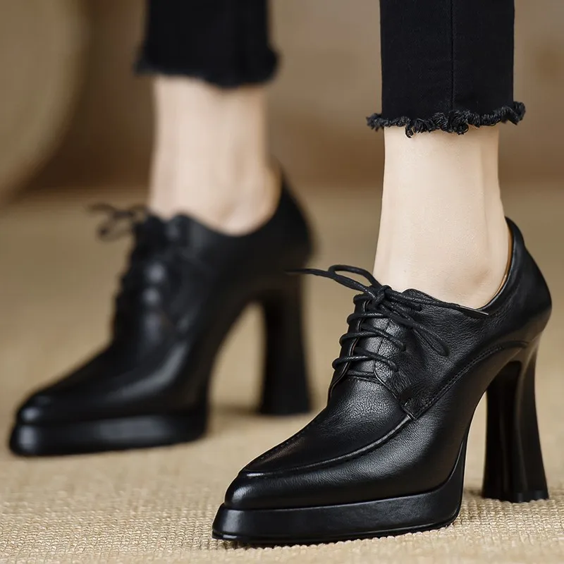 

Women's Leather Shoes 2026 Spring and Autumn Square Toe Waterproof Platform Thick Sole Single Toe High Heels Women's Thick Heels