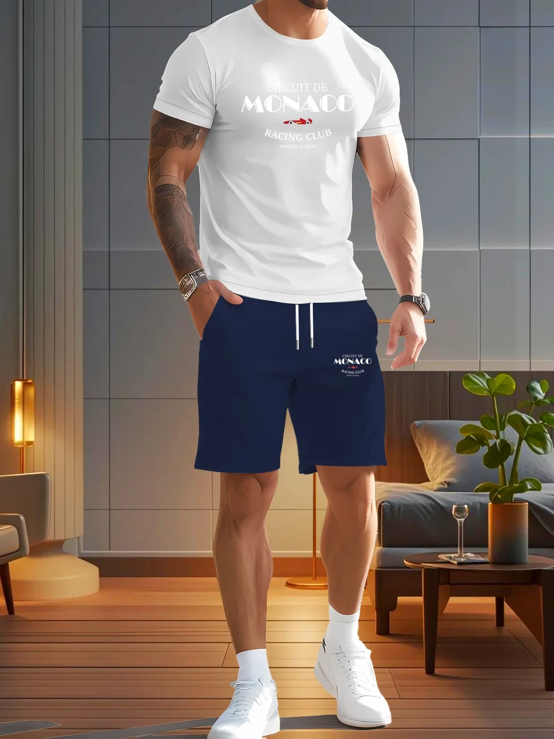 

Men's high-definition printed casual wear - breathable polyester short sleeved T-shirt with shorts, machine washable, summer str