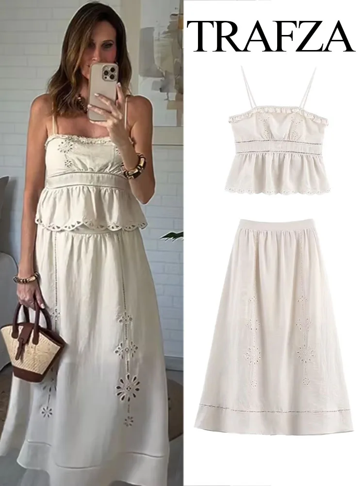 

TRAFZA Women Skirt 2-Piece Suit Summer Fashion Hollow Embroidery Short Sleeveless Sling Top+Chic Elastic Waist Midi A-Line Skirt