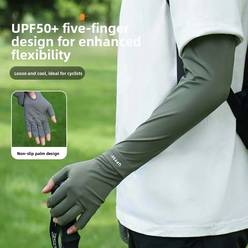 日焼け止めアイススリーブグローブ-サイクリング、車、釣り用-ルーズフィット-upf80-uvカット-ハーフフィンガー-メンズグローブ