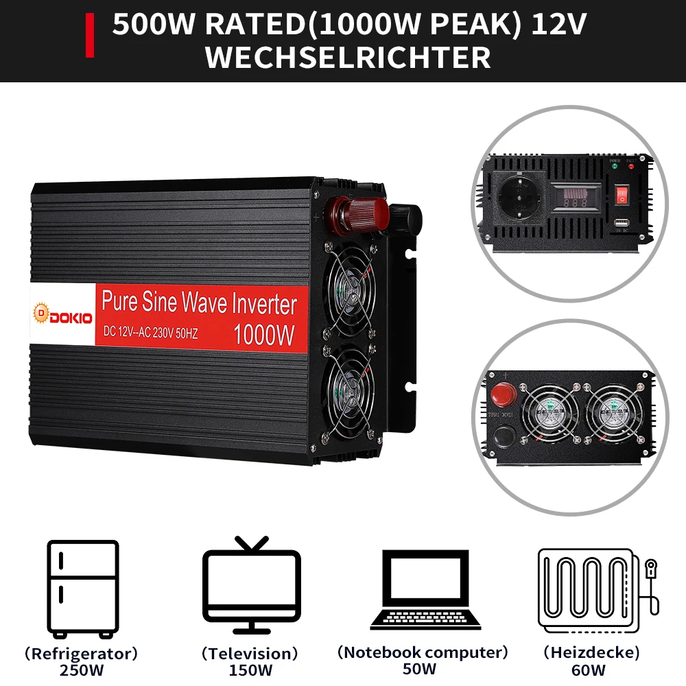 DOKIO 12V/24V 400W Waterproof Solar Panel System with 12V-230V 1000W Inverter solar system for home complete kit