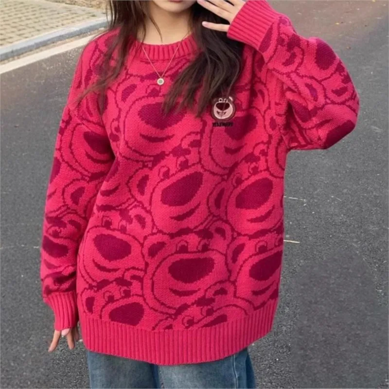 Little Bear Cartoon Women's Oversize Sweater Tops Pullovers Anime Long Sleeve Winter Clothes sweet Knitwear Ladies rounds neck