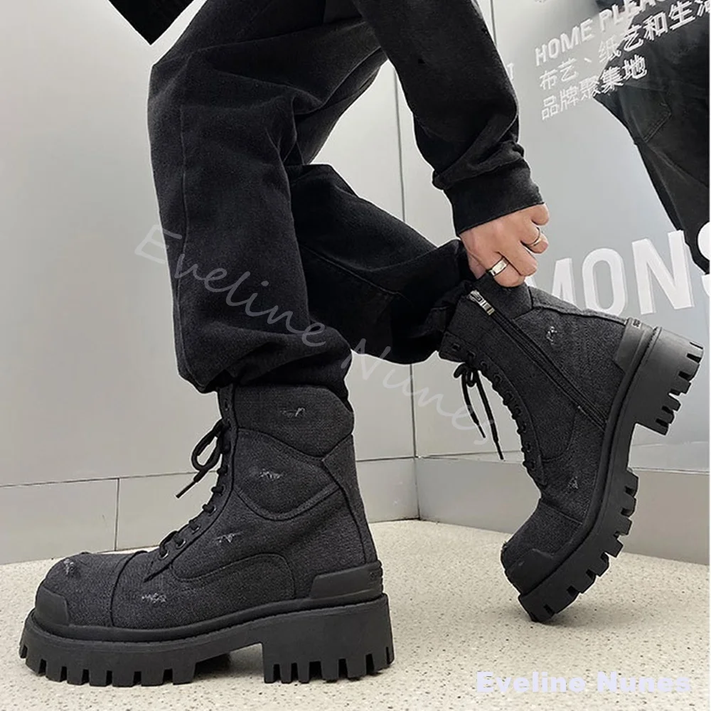 Men Black Distressed Canvas Platform Boots Ripped Washed Lace Up Chunky Heel Anti-Slip Work Boots Gothic Street Punk Short Boot