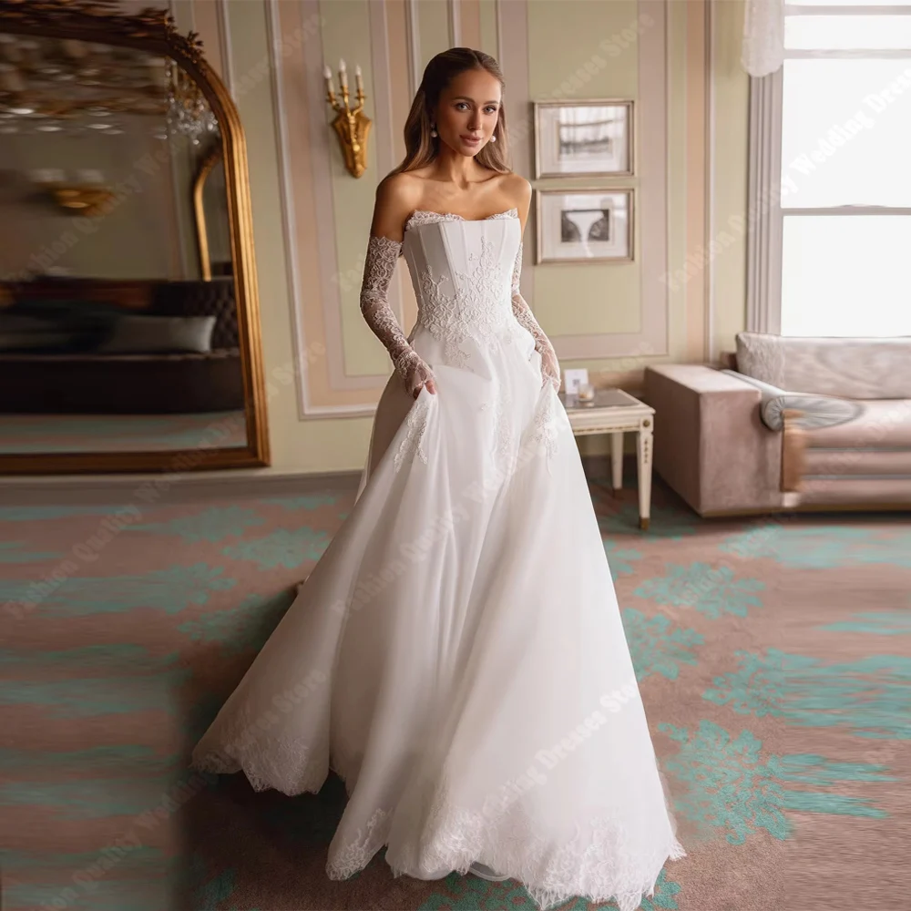 

Off The Shoulder Satin Women Wedding Dresses Elegant Lace Long Sleeves Bridal Gowns Princess Party Vestidos De Novia Customized