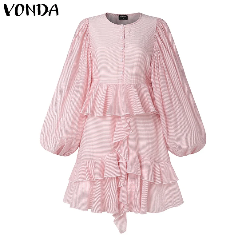 Vestido VONDA com Babados para Mulheres 2026, Vestido Casual de Cor Sólida, Vestido Boêmio com Camadas de Babados, Vestido Solto de Praia com Mangas Lanternas