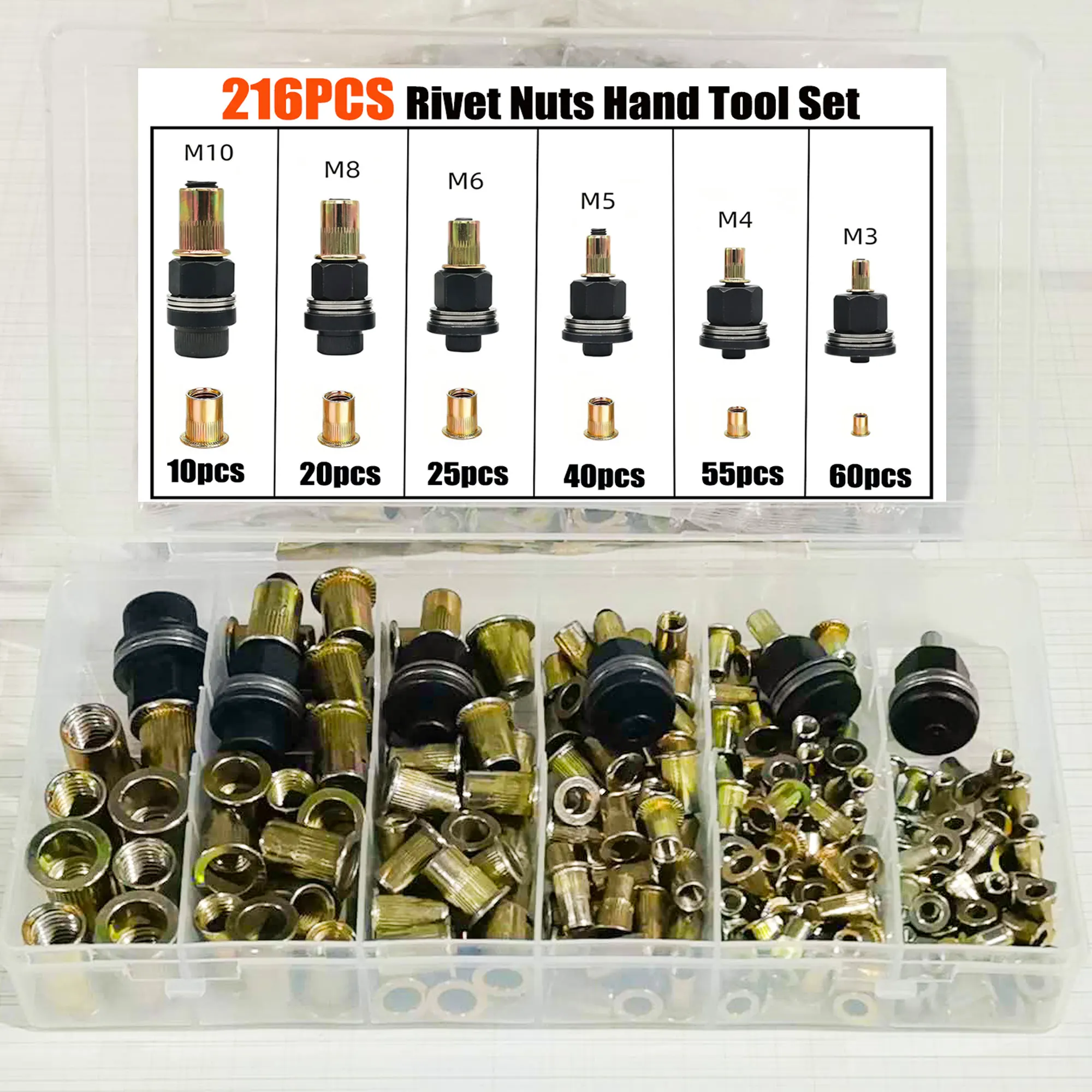 50/304-Piece Rivet Nut and Hand Tool Set, Metric Rivet Nut Assortment (M12/M10/M8/M6/M5/M4/M3), Suitable for Furniture, Decorat