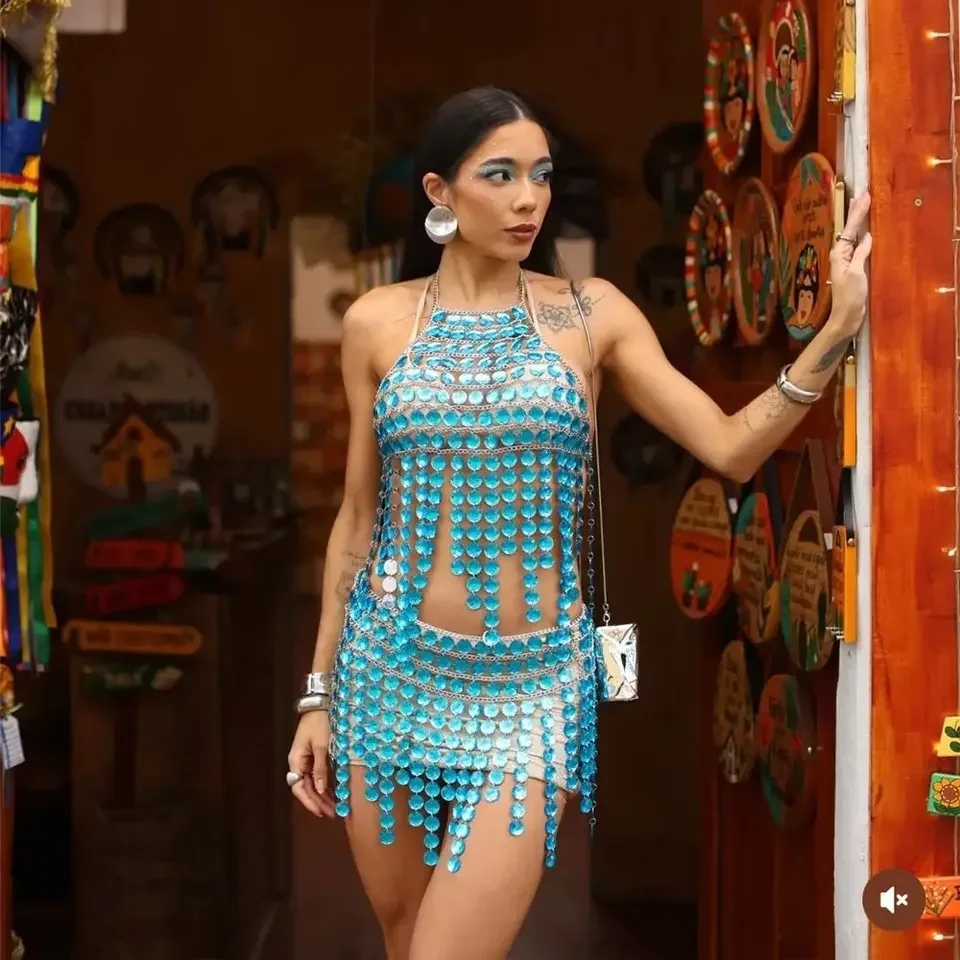 European And American New Blue Rhinestone Multi-Layer Tassel Chest Chain, Holiday Halter With Adjustable Summer Top Set