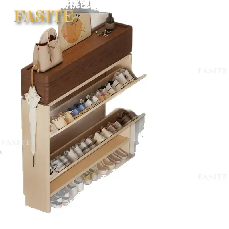 For Household Ultra Thin Solid Wood Shoe Cabinet Wall Mounted Tipping Bucket Storage Rack Space Saving Narrow Entryway