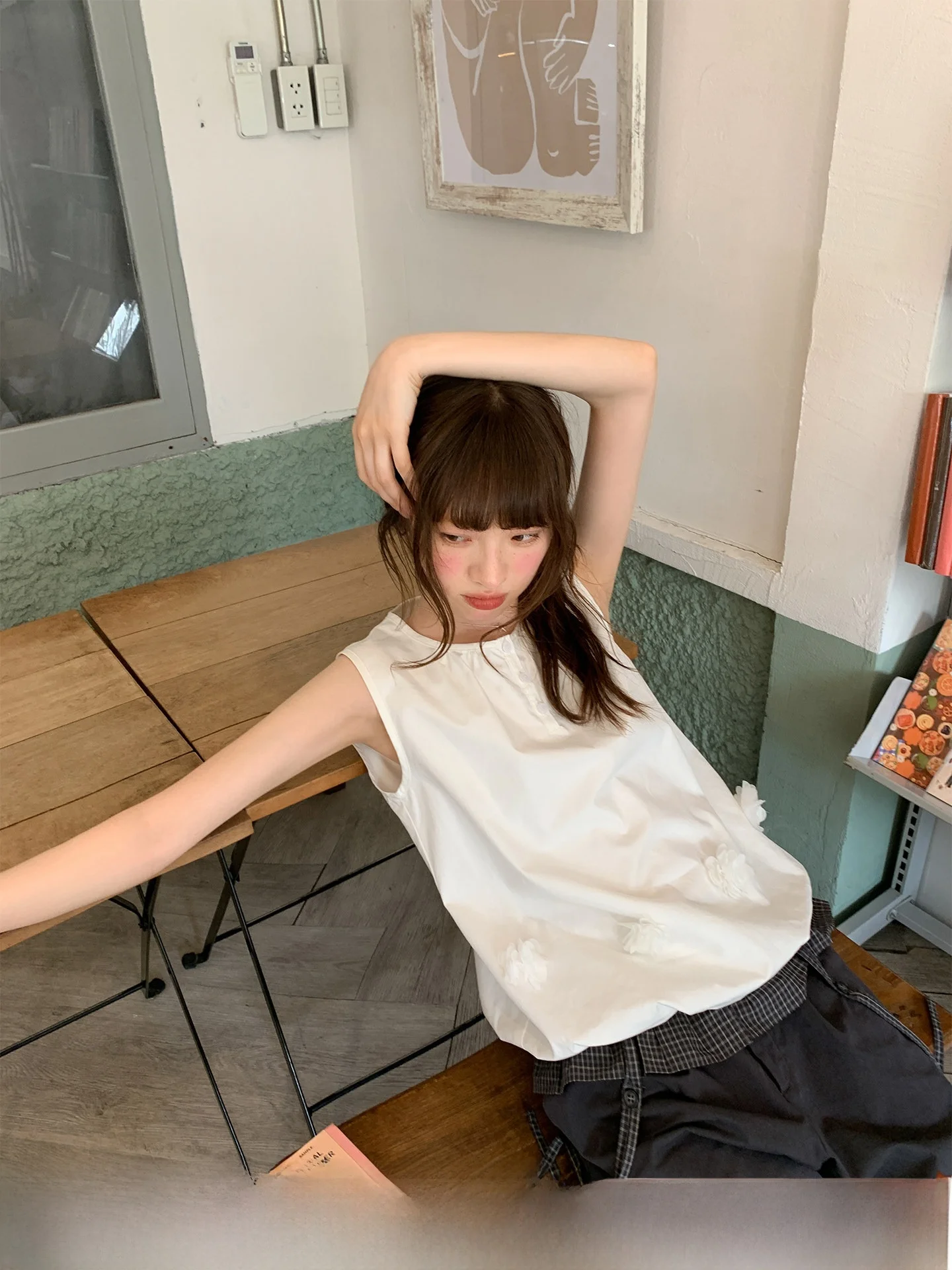 

Charming Bubble 3D Flower Decoration Sleeveless Bud Vest Sweet Style Loose Fit Cotton Lyocell Polyester Blend Summer ...