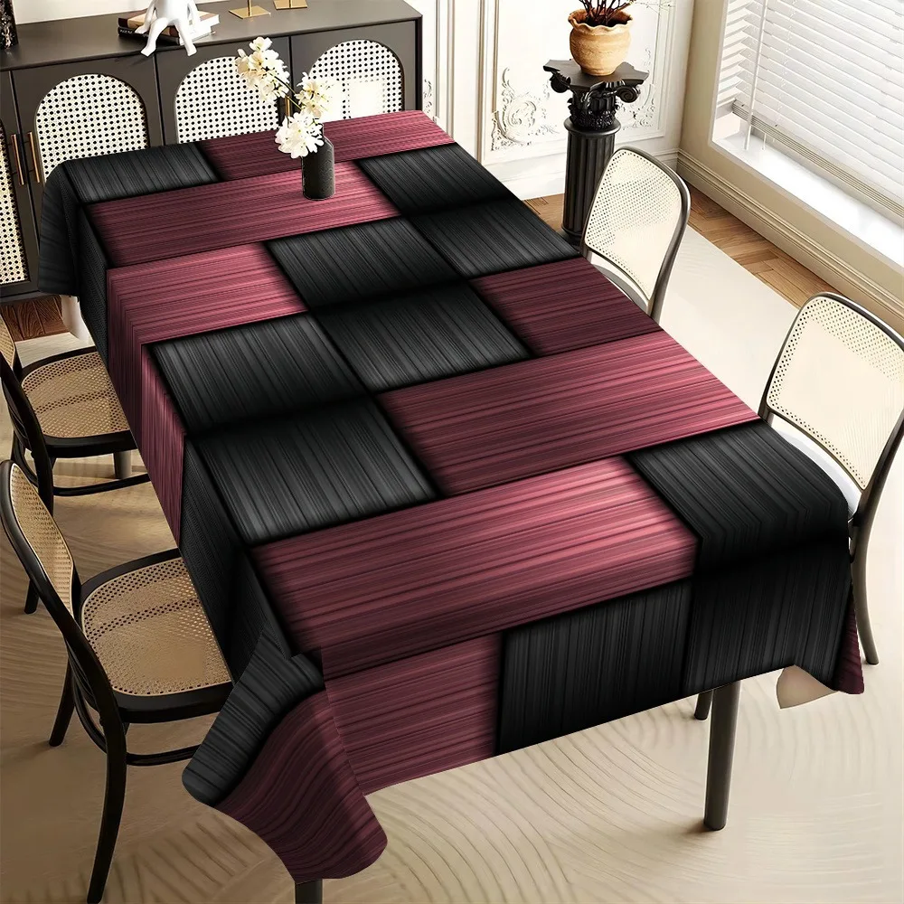 One modern tablecloth for the dining area exudes a trendy vibe. It features a rectangular, durable polyester fabric.