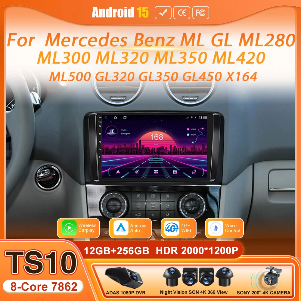 2K QLED Android 15 Car Radio Multimedia Video Player GPS Stereo for Benz GL ML W164 ML350 ML500 X164 2005 - 2012 with CarPlay BT
