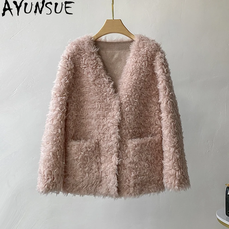 AYUNSUE 100%天然ウール レディースジャケット Vネック ラムファー ジャケット レディースファッション ショート丈 2025年新作 アウター レディース服